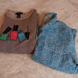 Bundle Set Of 2 PiecesGray Sweater with Colorful Print and Blue Patterned Shirt